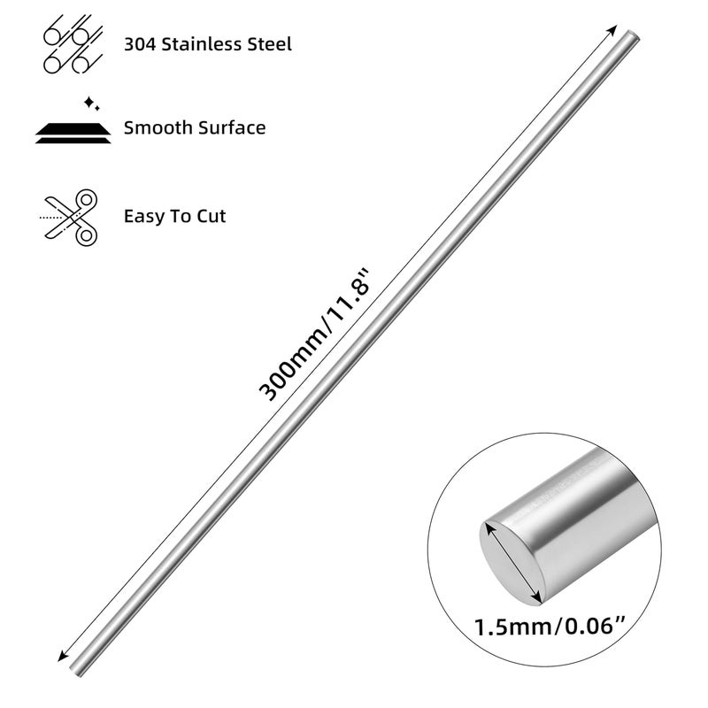 Bykonh 1.5mm x 300mm 304 Stainless Steel Rods, Metal Solid Shaft Round Rod Bar Stock Metal Stick for Industry, Decoration, DIY Craft Model Car Helicopter Airplane Ship Boat, 10 PCS - Image 2